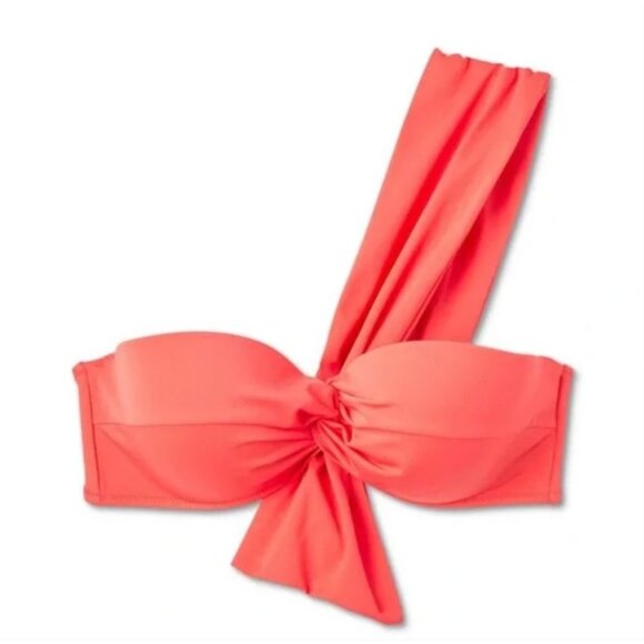 SHADE & SHORE BIKINI TOP ONE SHOULDER TWIST FRONT BOW TAIL WOMEN'S RED CORAL NWT - Picture 6 of 7
